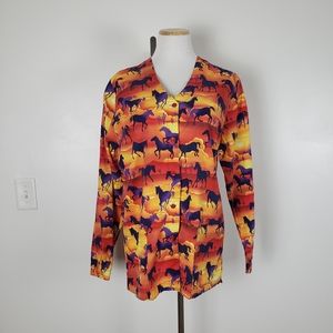 Vintage vtg colorful horse scrub jacket women's S sunset equestrian western fun